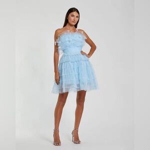 NWT $798 MAC DUGGAL Blue Feathered Strapless Tulle Fit and Flare Dress BLUE MINI